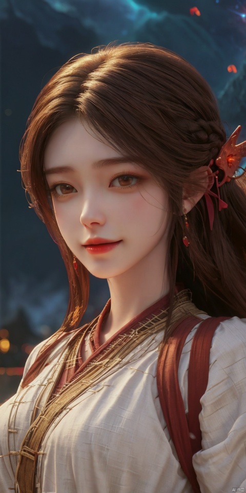  kind smile,looking_at_viewer,masterpiece, 1 girl, Look at me, Long hair, Flame, A magical scene, glowing, Floating hair, realistic, Nebula, An incredible picture, The magic array behind it, Stand, textured skin, super detail, best quality, , huolinger,dress, 1girl, qingyi, yunxi