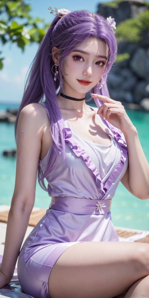  best quality, masterpiece, cowboy_shot,(Good structure), DSLR Quality,Depth of field,kind smile,looking_at_viewer,Dynamic pose, 
1girl, solo, long hair, breasts, looking at viewer, bangs,   hair ornament, dress, ribbon,  , bare shoulders, twintails, jewelry, medium breasts, sitting, very long hair, purple eyes, collarbone, hair ribbon, purple hair, flower, thighs, earrings, outdoors, parted lips, sleeveless, choker, hand up, hair flower, water,  white dress, bare arms, petals,  , sleeveless dress, black choker, short dress, frilled dress, white flower, purple ribbon, spaghetti strap,
yunxiao,purple_hair, 