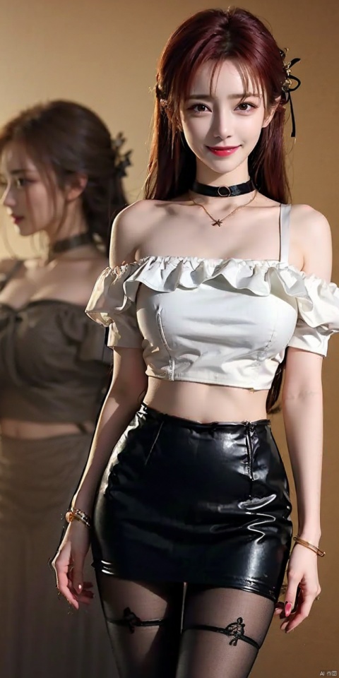  nai3, 1girl, solo, crop top, choker, miniskirt , navel, shirt, midriff, crop top overhang, looking at viewer, white shirt, jewelry, breasts, cowboy shot, bare shoulders, off-shoulder shirt, off shoulder, black choker, thighs, stomach, hand on own thigh, long hair, bracelet, short sleeves, ribbon, hand up, collarbone, hair ribbon, medium breasts, standing, , , bra strap, kind smile, hair ornament, thigh gap, bangs, necklace, expressionless,,kind smile , , blackpantyhose, , Dynamic pose,, yafei,red hair