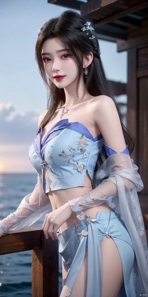  (Good structure),cowboy_shot, DSLR Quality,Depth of field ,looking_at_viewer,Dynamic pose, , kind smile,,
1girl, solo, long hair, , looking at viewer, skirt, hair ornament, bare shoulders, jewelry, , black hair, earrings, outdoors, midriff, water, necklace, lips, crop top, grey eyes, leaning forward, ocean, white skirt, strapless vest, sunset, sun, , ,  , , weddingdress, limuwan