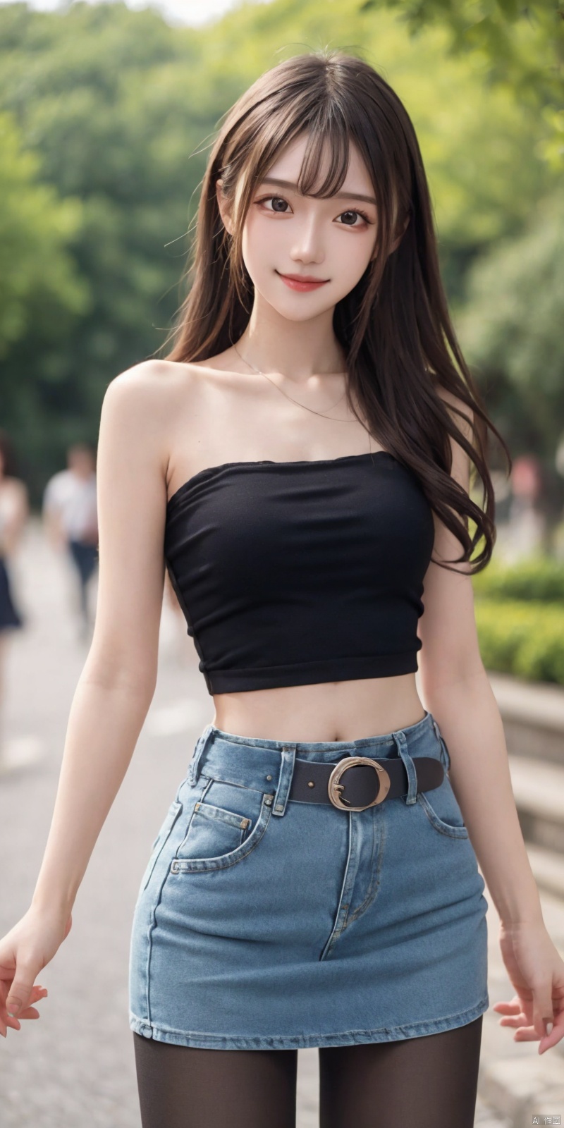  best quality, masterpiece, cowboy_shot,(Good structure), DSLR Quality,Depth of field,kind smile,looking_at_viewer,Dynamic pose,
 1girl, 3d, bare_shoulders, belt, blurry, blurry_background, blurry_foreground, branch, , , , collarbone, cosplay_photo, denim, denim_skirt, depth_of_field, , lips, long_hair, looking_at_viewer, midriff, miniskirt, motion_blur, navel, outdoors, photo_\(medium\), realistic, skirt, solo, standing, tree, , , , blackpantyhose, , , , , futuaner