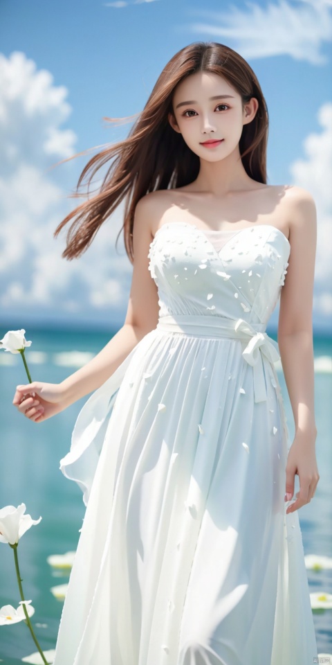  DSLR, depth of field, (1girl:1.2), , very long hair, low twintails, yellow eyes, light smile, looking at viewer, white shirt, white skirt, (flying white chiffon:1.5), bare shoulder, (flying blue petals:1.2), (standing above water surface), sky background, (cloud:1.2), white bird, floating water drops, (white border:1.2) , 
backlight, , jujingyi, taoist robe, ll-hd,(((large breasts)), depth of field,,  ((poakl)), litongqin