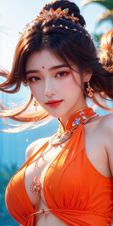 best quality, masterpiece, realistic,full_body,(Good structure), DSLR Quality,Depth of field,kind smile,looking_at_viewer,Dynamic pose, 
 1 girl,(orange light effect),hair ornament,jewelry,looking at viewer,flower,floating hair,water,underwater,air bubble,submerged, yuechan, 