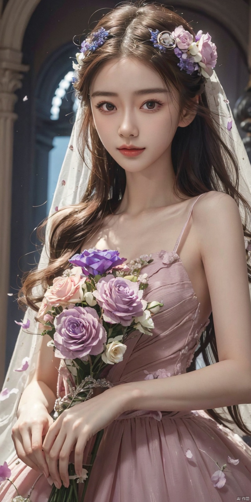  DSLR, (Good structure), HDR, UHD, 8K, A real person, Highly detailed, best quality, masterpiece, 1girl, realistic, Highly detailed, (EOS R8, 50mm, F1.2, 8K, RAW photo:1.2), ultra realistic 8k, 

flower,purple rose,purple flower,hair flower,hair ornament,
, , weddingdress, , whitedress, , angel