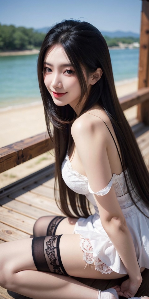  (Good structure), DSLR Quality,Depth of field,kind smile,looking_at_viewer,Dynamic pose,1girl, long hair, thighhighs, lying, perfect body, scenery, sharp focus, best quality, masterpiece, detailed outfit, illustration, perfect eyes, finely detailed beautiful anime eyes, realistic skin, intricate details, best lighting, depth of field, ultra high resolution, from above, yanlingji,Outdoor, lake,yanlingji