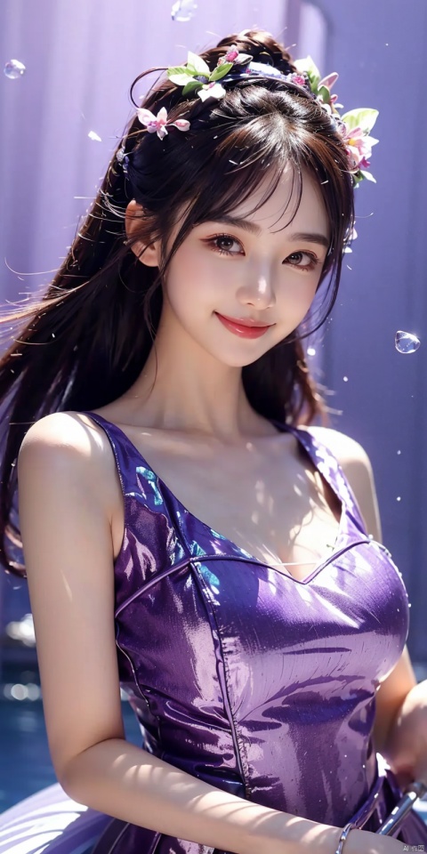  DSLR Quality,Depth of field ,looking_at_viewer,Dynamic pose, , kind smile,
1 girl,(Purple light effect),hair ornament,jewelry,looking at viewer,flower,floating hair,water,underwater,air bubble,submerged

, lianmo