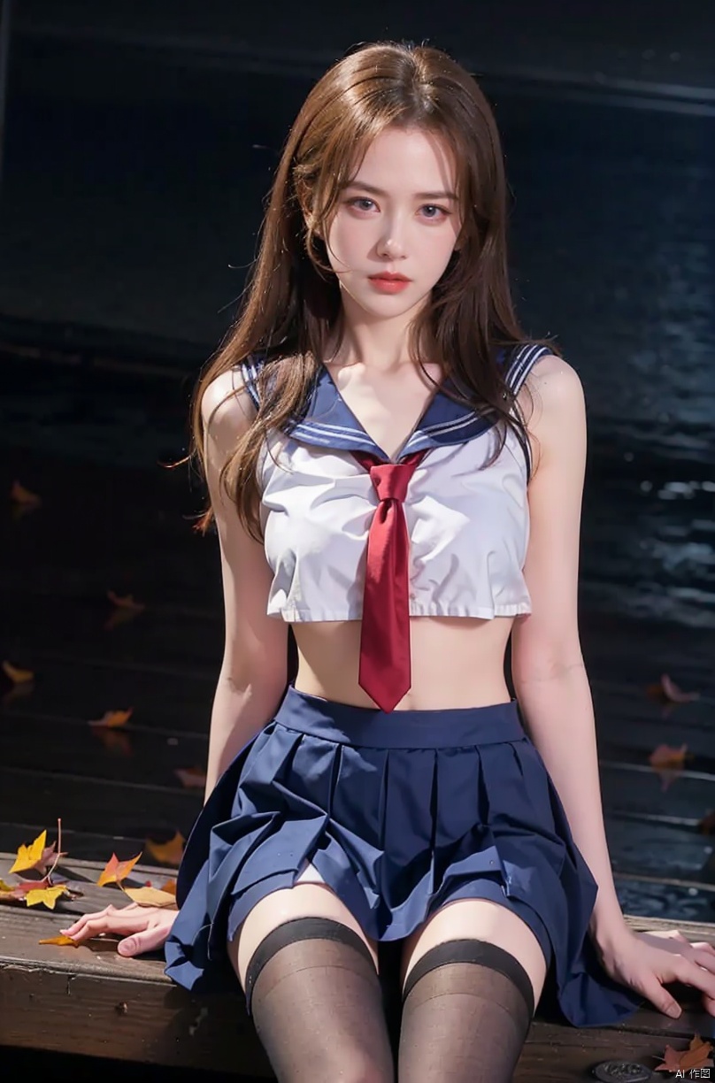  1girl, Autumn, fallen leaves, orange and red tone color,,
 pretty face, (photo realistic: 1.3) , Edge lighting, (high-detail skin) , 8K ultra-hd, DSLR, high quality, high resolution,(photo realistic: 1.3) 
,large breasts, (boobs naked:0.8), ,sailor senshi uniform,blue bow,blue necktie,blue sailor collar,blueskirt,black pantyhose, light master, Detail, , nike