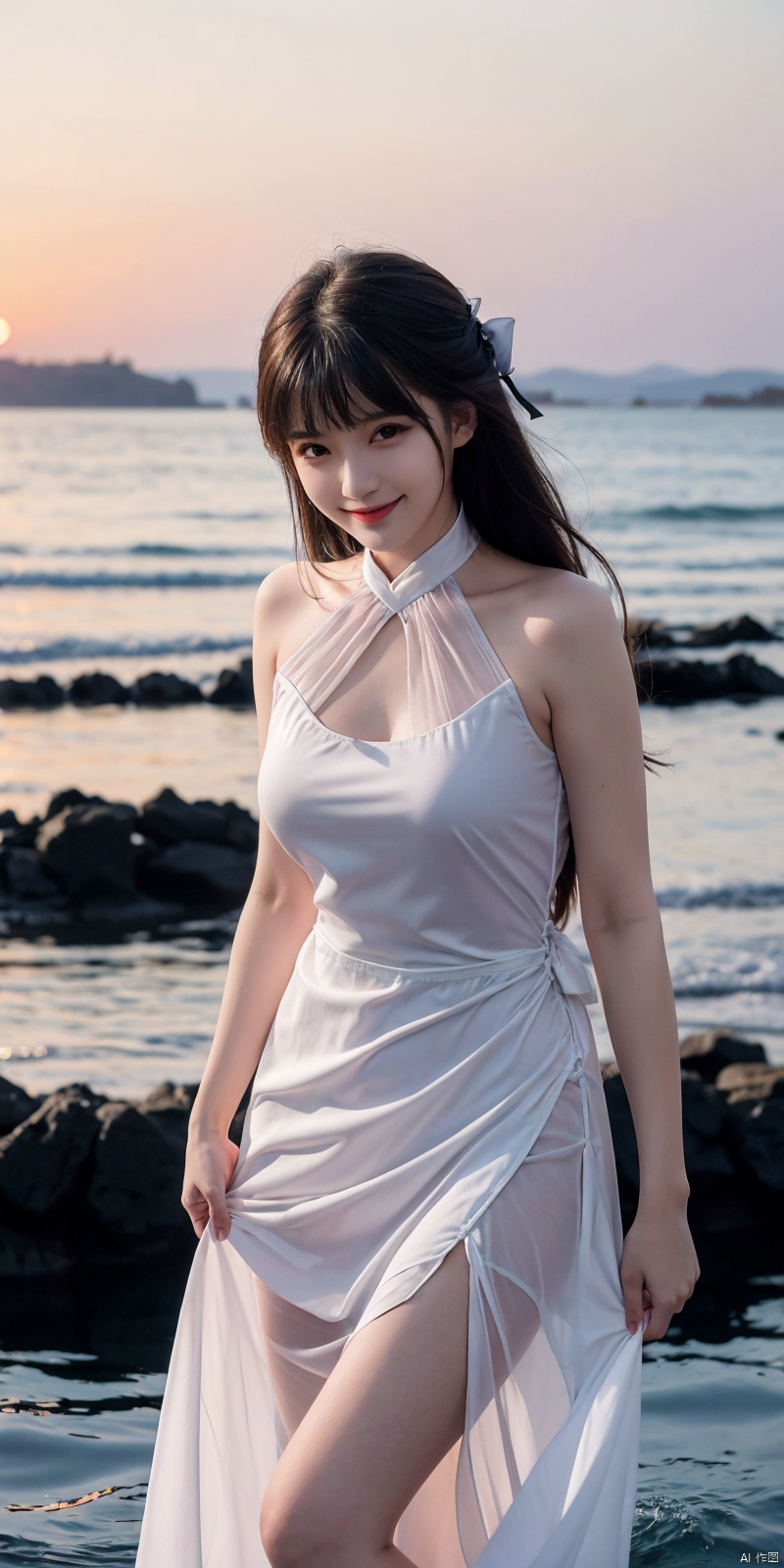  best quality, masterpiece, realistic, ,(Good structure), DSLR Quality,Depth of field,kind smile,looking_at_viewer,Dynamic pose, 
1girl, solo, looking at viewer, , ,, , bangs, black hair, dress, ribbon, bare shoulders, brown eyes, standing, collarbone, :d, outdoors, sky, sleeveless, cloud, signature, blunt bangs, water, white dress, bare arms, black ribbon, sleeveless dress, ocean, sunlight, wading, sunset, skirt hold, sun, horizon, sundress, see-through silhouette,  , xiaoyixian,white_hair