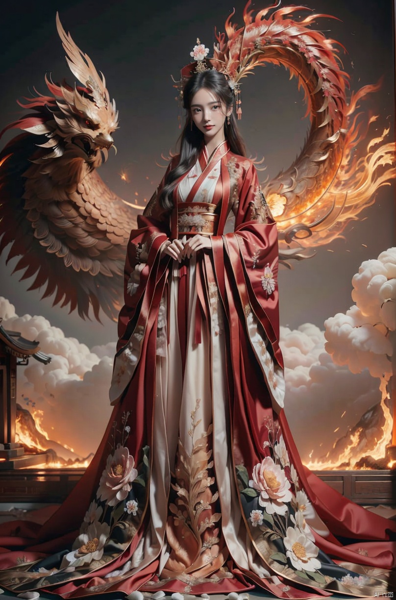  (Good structure), (high definition: 1.0), (HD: 1.0), , (ultra resolution: 1.0), (4K: 1.0), (photorealistic: 1.0), (realistic: 1.0), , (professional photography: 1.0), (DSLR quality: 1.0), , (detailed: 1.0), (sharp focus: 1.0), , (masterpiece: 1.2), (epic shot: 1.2),
anatomically-precise-finger-details,
4k-resolution-finger-structure, , Cinematic, , Natural lighting, , solo, 1girl, perfect boody, Wind, flowing hair, kind smile, , pose for picture, Dynamic pose, looking_at_viewer,
Dress, Chinese clothing, blooming valley, phoenix, flames emanating from the phoenix's body. In the sky, clouds float like marshmallows.  surrounded by blooming flowers. Contrast, extraordinary aesthetics,  magnificent artworks, (illustrations), extremely exquisite and beautiful, , complex, and realistic paintings. , sparkling dress, , jinchen, BY MOONCRYPTOWOW, Detail, chineseclothes,HALO
