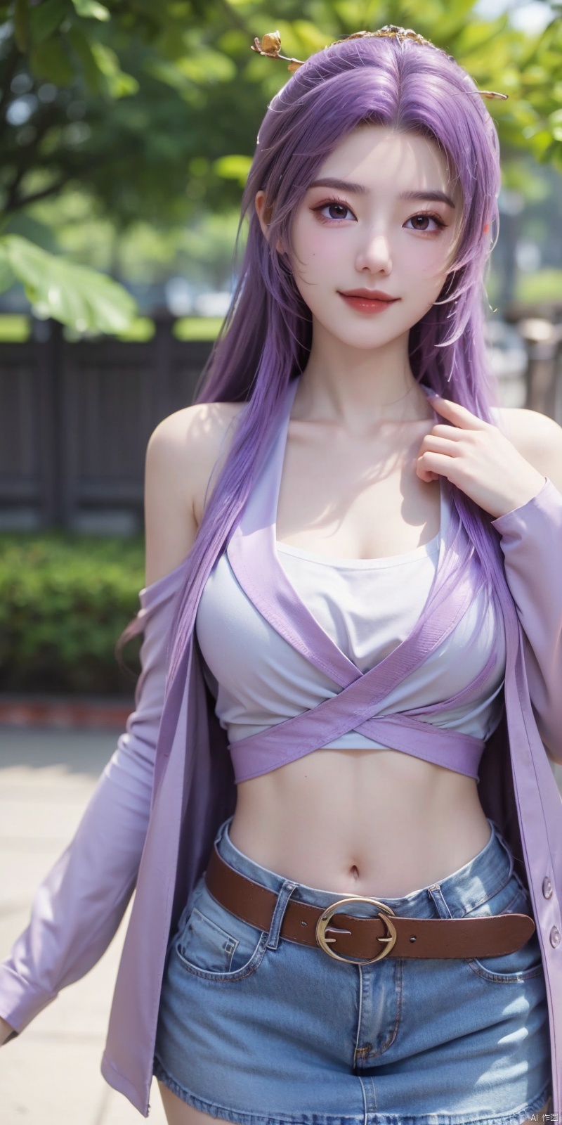  best quality, masterpiece, cowboy_shot,(Good structure), DSLR Quality,Depth of field,kind smile,looking_at_viewer,Dynamic pose,
 1girl, 3d, bare_shoulders, belt, blurry, blurry_background, blurry_foreground, branch, breasts, brown_eyes, brown_hair, collarbone, cosplay_photo, denim, denim_skirt, depth_of_field, hand_on_own_chest, lips, long_hair, looking_at_viewer, midriff, miniskirt, motion_blur, navel, outdoors, photo_\(medium\), realistic, skirt, solo, standing, tree, , yunxiao,purple_hair