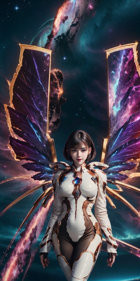  (Good structure), DSLR Quality,Depth of field,kind smile,looking_at_viewer,Dynamic pose, 1girl, wings, solo, nebula wings, , , navel, dress, pink wings, looking at viewer, star \(sky\), , , bare shoulders, sky, starry sky, collarbone, realistic, nebula, ((poakl)), short_hair, jiqing