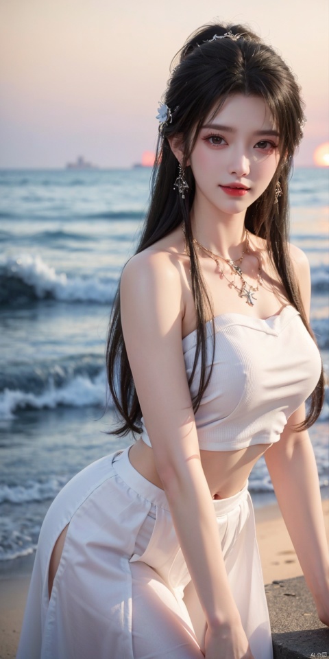  (Good structure),cowboy_shot, DSLR Quality,Depth of field ,looking_at_viewer,Dynamic pose, , kind smile,,
1girl, solo, long hair, , looking at viewer, skirt, hair ornament, bare shoulders, jewelry, , black hair, earrings, outdoors, midriff, water, necklace, lips, crop top, grey eyes, leaning forward, ocean, white skirt, strapless vest, sunset, sun, qingyi, wanglin, yeqinxian, babata