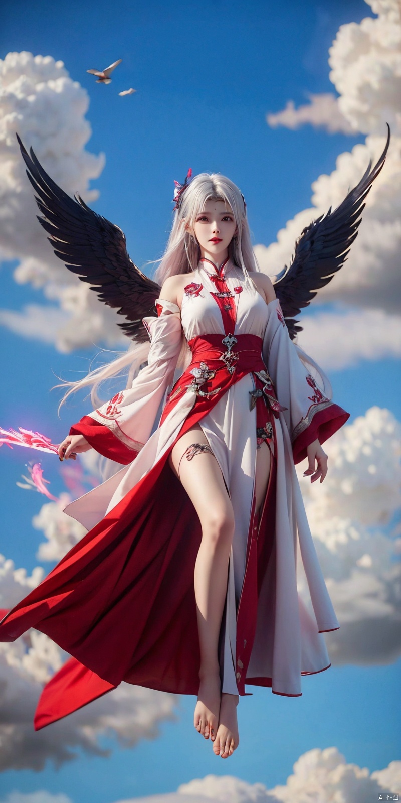  (Good structure), DSLR Quality,1girl, 
(red fire,magic),(glowing eyes:1.3), 
chest,electricity, lightning,
white magic, aura,,
Front view,air,cloud,
backlight,looking at viewer,,white hair
very long hair,hair flowe

(bare feet,:1.2)(flying in the sky:1.6),(Stepping on the clouds:1.2),(Red Angel Wings:1.2), wings,((poakl)), xiaoyixian,white hair