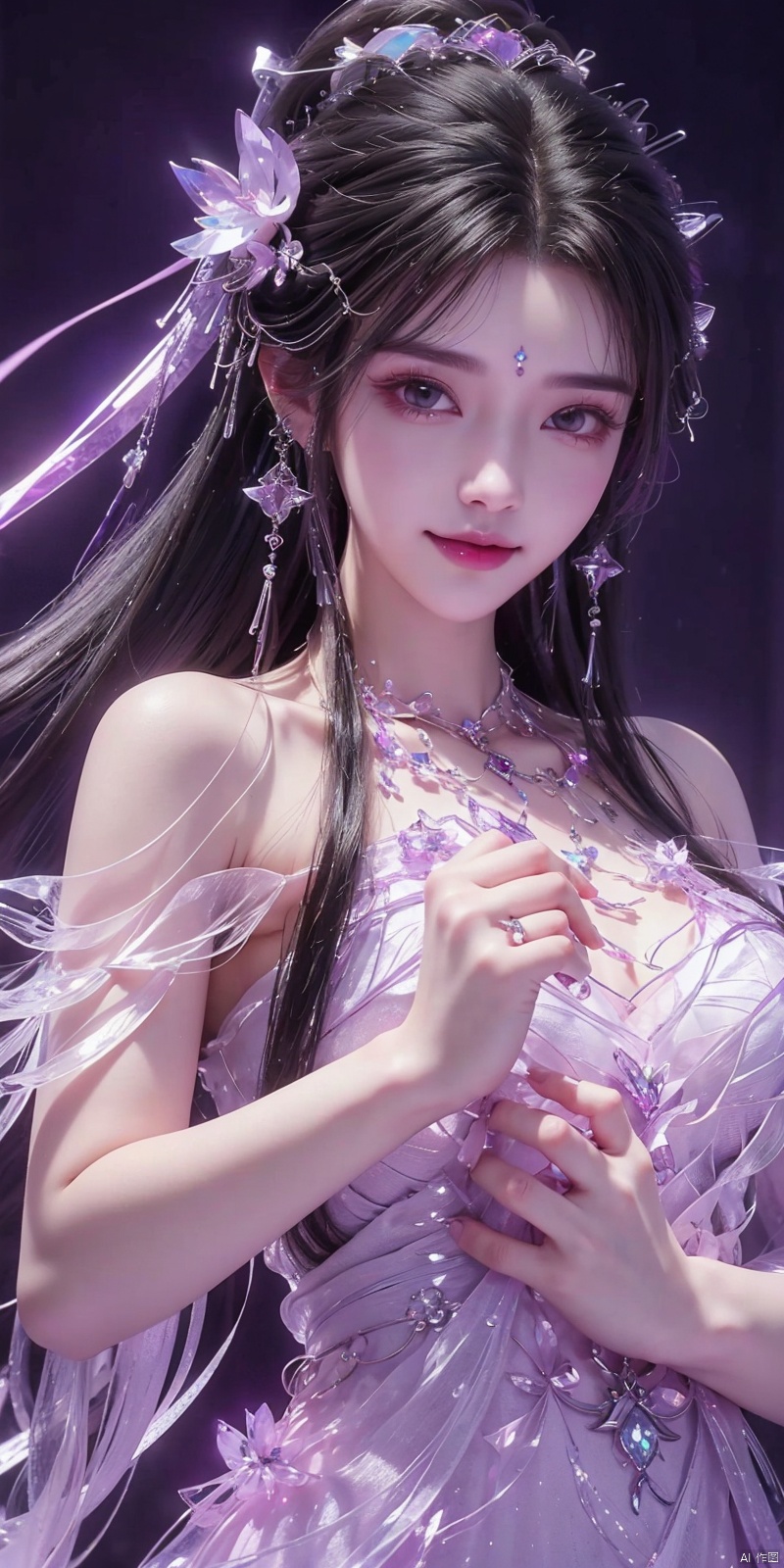  (Good structure),cowboy_shot, DSLR Quality,Depth of field ,looking_at_viewer,Dynamic pose, , kind smile,
1 girl,(Purple light effect),hair ornament,jewelry,looking at viewer, (\meng ze\), wangyushan, dofas,(ultra-detailed crystallization),transparent crystals, qingyi