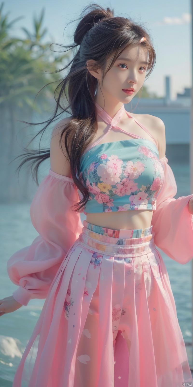  best quality, masterpiece, cowboy_shot,(Good structure), DSLR Quality,Depth of field,kind smile,looking_at_viewer,Dynamic pose, 
 Surrealism Dream Style,glowing neon color,RAW photo,at night,1girl,solo,sea,black hair,ponytail,looking at viewer,long hair,up,lips,sash,water splaashing,hair ornament,realistic,wide sleeves,hanfu,long dress,Semi transparent gauze skirt,surrealist,Best quality,masterpiece,ultra high res,Petal skirt,wind,flowers,bloom,Clouds,smoke,neon lights, 80sDBA style, 1 girl, , , wangyushan