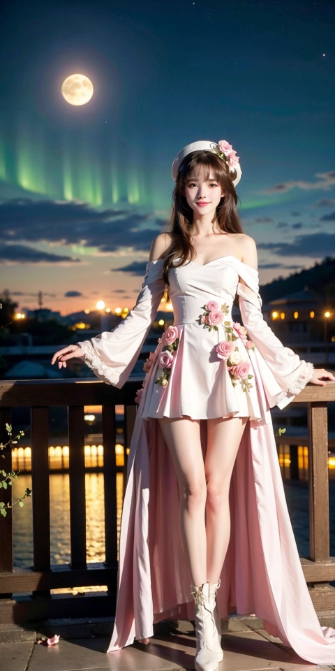  (Good structure),cowboy_shot, 1 girl, Aurora, Bangs, bare shoulders, black shoes, white stockings, blue eyes, boots, bow, chest, (gradual change) , cherry blossoms, City Lights, shut up, clouds, sleeves, clothes, falling flowers, flowers, full moon, (white top hat) , bow, knees, long hair, long sleeves, looking at audience, medium chest, galaxy, Moon, night sky, outdoors, petals, pink flowers, pink roses, railings, roses, rose petals, Meteor, sky, Solo, space, standing, Star (Sky) , star, star print, thigh, long hair, white skirt, white flower, white headdress, tianhu, ((poakl)),,looking_at_viewer,kind smile