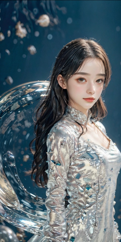  (1girl:1.2),stars in the eyes,(pure girl:1.1),(white dress:1.1),(full body:0.6),There are many scattered luminous petals,bubble,contour deepening,(white_background:1.1),cinematic angle,,underwater,adhesion,green long upper shan, ((poakl)),1girl,liquidclothes,yushui,Detail,汉服1 Girl, upper body, ((green, silver, shimmer)), limited color palette, contrast, amazing aesthetics, best quality, gorgeous artwork, (Masterpiece), (best quality), (Super detail), (illustration), (extremely delicate and beautiful), (Detail light), 1 girl, cold theme, broken glass, broken wall, (Row of stars), (starry sky), Milky Way, stars, Reflecting starry sky water, water color theme, white hair, flicker, white dress, shut up, oil painting art, All glass ball, girl in glass ball, white hair, flicker, bust, sculpture, floating, shut up, constellation, flat color, Male focus, Long hair, solo, Space, Universe, utaite(singer), Nebula, multiple stars, Chinese, water medium, 19 year old girl, white stockings, Pink machinery, Middle Road, Tianmen, Daofa Rune, Hanfu, Chinese clothing, Vitality plan, Mo You, sd_mai, Flowers, details, more details, ultra clear 8K, fenhong, dress, tasha,kind smile,looking_at_viewer,Dynamic pose