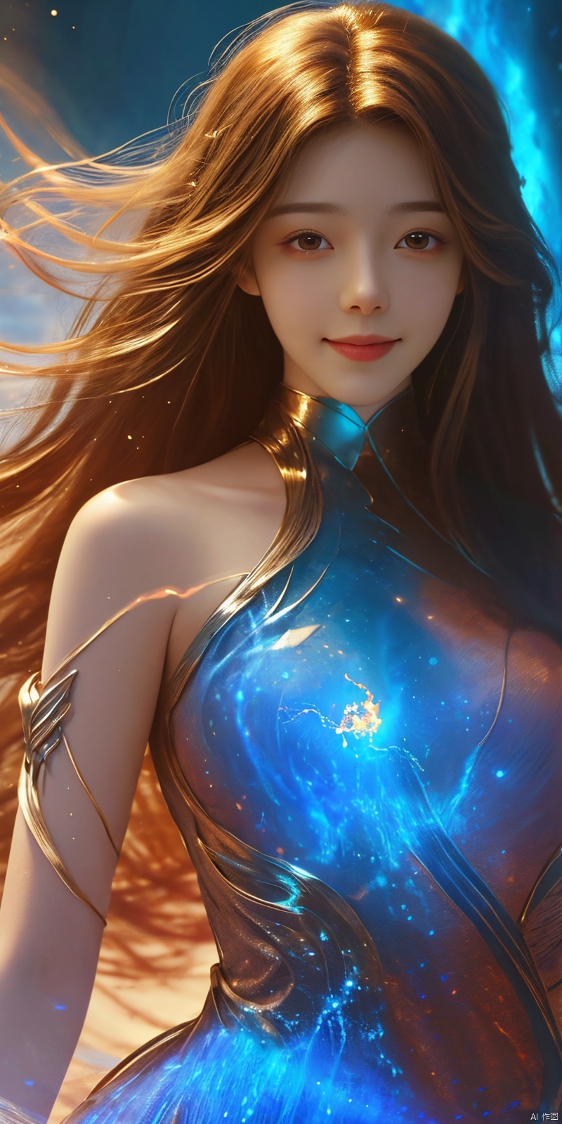 ,kind smile,looking_at_viewer,masterpiece, 1 girl, Look at me, Long hair, Flame, A magical scene, glowing, Floating hair, realistic, Nebula, An incredible picture, The magic array behind it, Stand, textured skin, super detail, best quality, , huolinger,dress, 1girl,