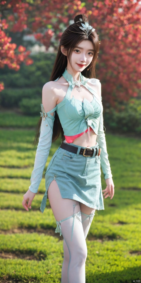  best quality, masterpiece, cowboy_shot,(Good structure), DSLR Quality,Depth of field,kind smile,looking_at_viewer,Dynamic pose,
 1girl, 3d, bare_shoulders, belt, blurry, blurry_background, blurry_foreground, branch, , , , collarbone, cosplay_photo, denim, denim_skirt, depth_of_field, , lips, long_hair, looking_at_viewer, midriff, miniskirt, motion_blur, navel, outdoors, photo_\(medium\), realistic, skirt, solo, standing, tree, , , , blackpantyhose, , , , yanruyu