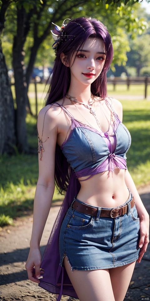  best quality, masterpiece, cowboy_shot,(Good structure), DSLR Quality,Depth of field,kind smile,looking_at_viewer,Dynamic pose,
 1girl, 3d, bare_shoulders, belt, blurry, blurry_background, blurry_foreground, branch, , , , collarbone, cosplay_photo, denim, denim_skirt, depth_of_field, , lips, long_hair, looking_at_viewer, midriff, miniskirt, motion_blur, navel, outdoors, photo_\(medium\), realistic, skirt, solo, standing, tree, , , ,  yunxi,purple_hair