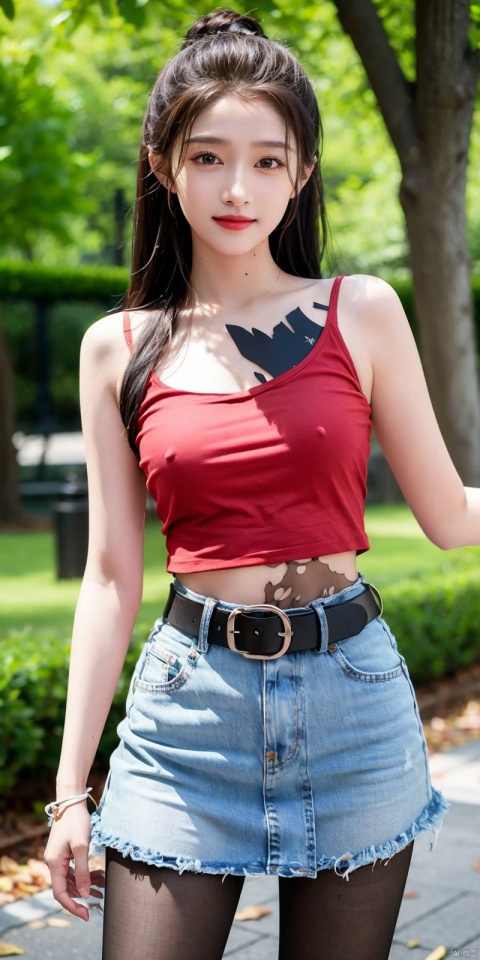  best quality, masterpiece, cowboy_shot,(Good structure), DSLR Quality,Depth of field,kind smile,looking_at_viewer,Dynamic pose,
 1girl, 3d, bare_shoulders, belt, blurry, blurry_background, blurry_foreground, branch, , , , collarbone, cosplay_photo, denim, denim_skirt, depth_of_field, , lips, long_hair, looking_at_viewer, midriff, miniskirt, motion_blur, navel, outdoors, photo_\(medium\), realistic, skirt, solo, standing, tree, , , , blackpantyhose,   guanxiaotong