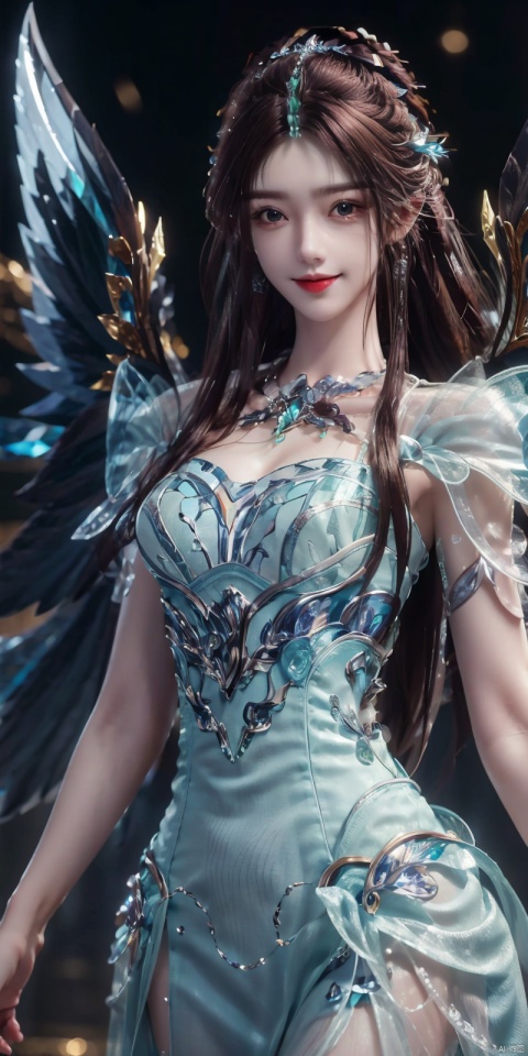  cowboy shot,(Good structure), DSLR Quality,Depth of field,kind smile,looking_at_viewer,Dynamic pose,,1 girl, , young, 8K, ultra fine, epic composition, ultra-high definition image quality, high quality, highest quality, , dress, crystal_dress , crystal , wings , 1girl, yeqinxian,brown hair, BY MOONCRYPTOWOW