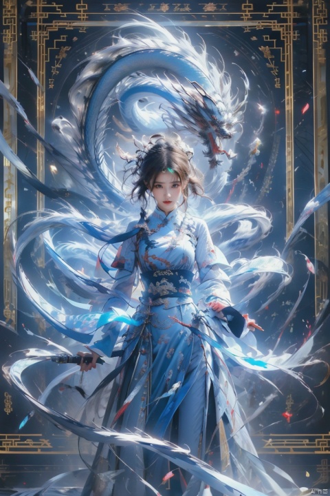  1 girl, solo, (upper body) female focal point, (Hanfu) (kimono) (skirt), blue long hair, (Chinese clothing) (blue eyes) (bright pictures) red lips, bangs, earrings, kimono, Chinese cardigan, print, tassels, (front view) (front view), sword (straight sword)
Elemental Whirlwind, Chinese Dragon_ Imagination__ Cloud winding_ Huoyun_ Dragon, Chinese architecture.
(Masterpiece), (very detailed CG Unity 8K wallpaper), the best quality, high-resolution illustrations, stunning, highlights, (best lighting, best shadows, a very exquisite and beautiful), (enhanced)·, liuyifei