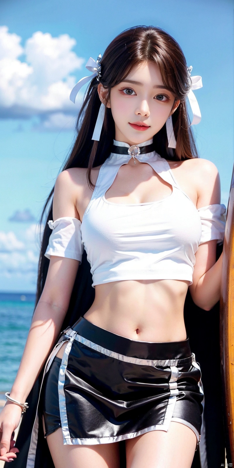 cowboy_shot,(Good structure), DSLR Quality,Short skirt,Blue sky, white clouds, ocean,Surfboard, waves,nai3, 1girl, solo, crop top, , choker, navel, shirt, midriff, crop top overhang, looking at viewer, white shirt, jewelry, breasts, bare shoulders, off-shoulder shirt, off shoulder, black choker, thighs, stomach, long hair, bracelet, short sleeves, ribbon, hand up, collarbone, hair ribbon, medium breasts, , bra strap, , hair ornament, thigh gap, necklace, expressionless, , ,kind smile, ,, huolinger