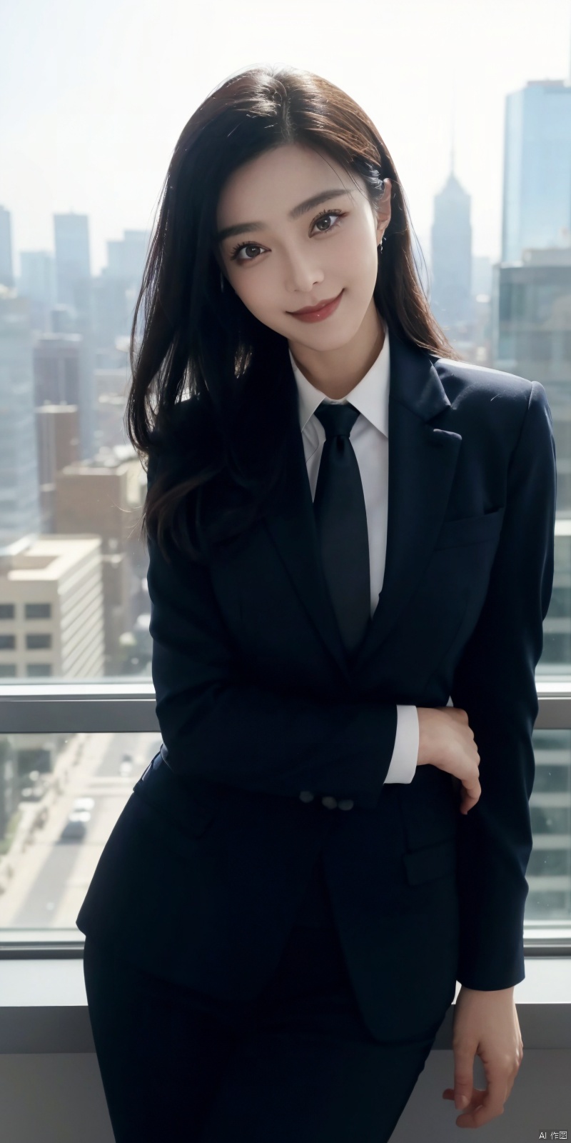  best quality, masterpiece, cowboy_shot,(Good structure), DSLR Quality,Depth of field,kind smile,looking_at_viewer,Dynamic pose, 
Modern businesswoman, dressed in a sleek suit and tie, posing confidently in a modern office setting, cityscape view through the window, focused expression, powerful pose, professional attire, realistic lighting, sharp focus., fanbing