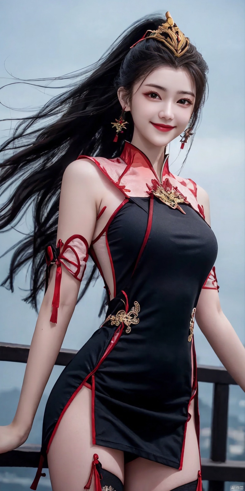  best quality, masterpiece, cowboy_shot,(Good structure), DSLR Quality,Depth of field,kind smile,looking_at_viewer,Dynamic pose, 
,,, (high definition: 1.0), (HD: 1.0), , (ultra resolution: 1.0), (4K: 1.0), (photorealistic: 1.0), (realistic: 1.0), , (professional photography: 1.0), (DSLR quality: 1.0), , (detailed: 1.0), (sharp focus: 1.0), , (masterpiece: 1.2), (epic shot: 1.2),
 Cinematic, , Natural lighting, , solo, 1girl,Wind, flowing hair, kind smile, , pose for picture, Dynamic pose, looking_at_viewer,
A young model in Chinese dress poses with her arms leisurely, in front of divine light with silhouette light illuminating the edges of the long curly hair, snowflake, outdoors,
Excellent skin texture, gaze deeply, cheerful atmosphere, in the style of eye-catching resin jewelry, matte photo, minimalist beauty, meticulous linework precision, The background is a bustling city,High resolution,8K, neo-chinese style, huayu, 1girl,police,thighhighs, , , , Detail, china dress, blackpantyhose, , dress, , ,  , jiujiu