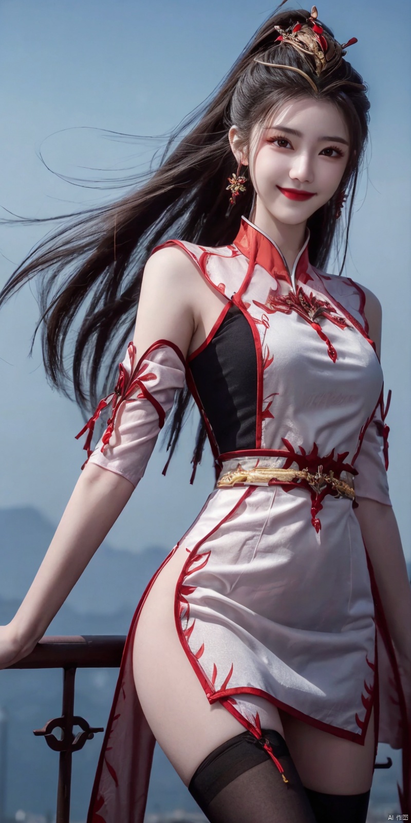  best quality, masterpiece,  ,(Good structure), DSLR Quality,Depth of field,kind smile,looking_at_viewer,Dynamic pose, 
,,, (high definition: 1.0), (HD: 1.0), , (ultra resolution: 1.0), (4K: 1.0), (photorealistic: 1.0), (realistic: 1.0), , (professional photography: 1.0), (DSLR quality: 1.0), , (detailed: 1.0), (sharp focus: 1.0), , (masterpiece: 1.2), (epic shot: 1.2),
 Cinematic, , Natural lighting, , solo, 1girl,Wind, flowing hair, kind smile, , pose for picture, Dynamic pose, looking_at_viewer,
A young model in Chinese dress poses with her arms leisurely, in front of divine light with silhouette light illuminating the edges of the long curly hair, snowflake, outdoors,
Excellent skin texture, gaze deeply, cheerful atmosphere, in the style of eye-catching resin jewelry, matte photo, minimalist beauty, meticulous linework precision, The background is a bustling city,High resolution,8K, neo-chinese style, huayu, 1girl,police,thighhighs, , , , Detail, china dress, blackpantyhose, , dress, , ,  , jiujiu