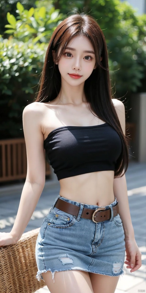  best quality, masterpiece, cowboy_shot,(Good structure), DSLR Quality,Depth of field,kind smile,looking_at_viewer,Dynamic pose,
 1girl, 3d, bare_shoulders, belt, blurry, blurry_background, blurry_foreground, branch, , , , collarbone, cosplay_photo, denim, denim_skirt, depth_of_field, , lips, long_hair, looking_at_viewer, midriff, miniskirt, motion_blur, navel, outdoors, photo_\(medium\), realistic, skirt, solo, standing, tree, , , sunyunzhu