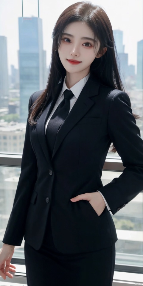 best quality, masterpiece, cowboy_shot,(Good structure), DSLR Quality,Depth of field,kind smile,looking_at_viewer,Dynamic pose, 
Modern businesswoman, dressed in a sleek suit and tie, posing confidently in a modern office setting, cityscape view through the window, focused expression, powerful pose, professional attire, realistic lighting, sharp focus.,  jujingyi