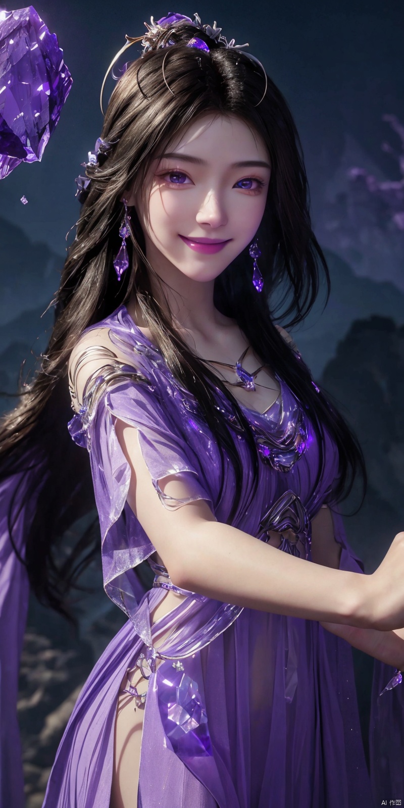  best quality, masterpiece, (Good structure),cowboy_shot, DSLR Quality,Depth of field ,looking_at_viewer,Dynamic pose, , kind smile,
1 girl,(Purple light effect),hair ornament,jewelry,looking at viewer, , dofas,(ultra-detailed crystallization),transparent crystals, , , ,, ziling,