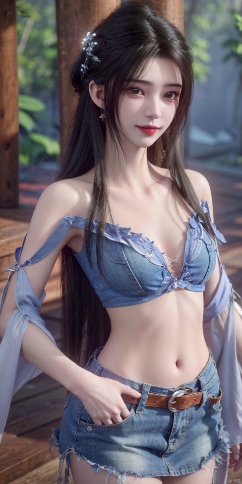  best quality, masterpiece, cowboy_shot,(Good structure), DSLR Quality,Depth of field,kind smile,looking_at_viewer,Dynamic pose,
 1girl, 3d, bare_shoulders, belt, blurry, blurry_background, blurry_foreground, branch, , , , collarbone, cosplay_photo, denim, denim_skirt, depth_of_field, , lips, long_hair, looking_at_viewer, midriff, miniskirt, motion_blur, navel, outdoors, photo_\(medium\), realistic, skirt, solo, standing, tree, , , , limuwan
