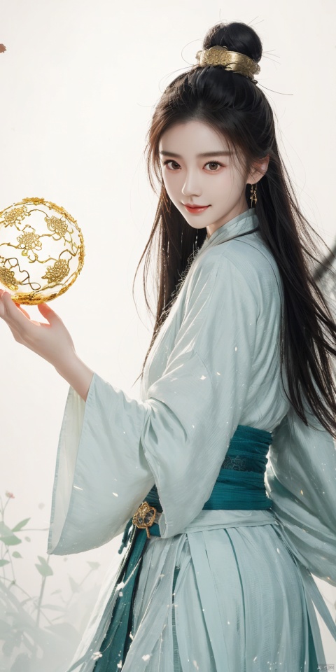  best quality, masterpiece, cowboy_shot,(Good structure), DSLR Quality,Depth of field,kind smile,looking_at_viewer,Dynamic pose, 
 a woman with white hair holding a glowing ball in her hands, white haired deity, by Yang J, heise jinyao, inspired by Zhang Han, xianxia fantasy, flowing gold robes, inspired by Guan Daosheng, human and dragon fusion, cai xukun, inspired by Zhao Yuan, with long white hair, fantasy art style,,Ink scattering_Chinese style, smwuxia Chinese text blood weapon:sw, lotus leaf, (\shen ming shao nv\), gold armor, angel