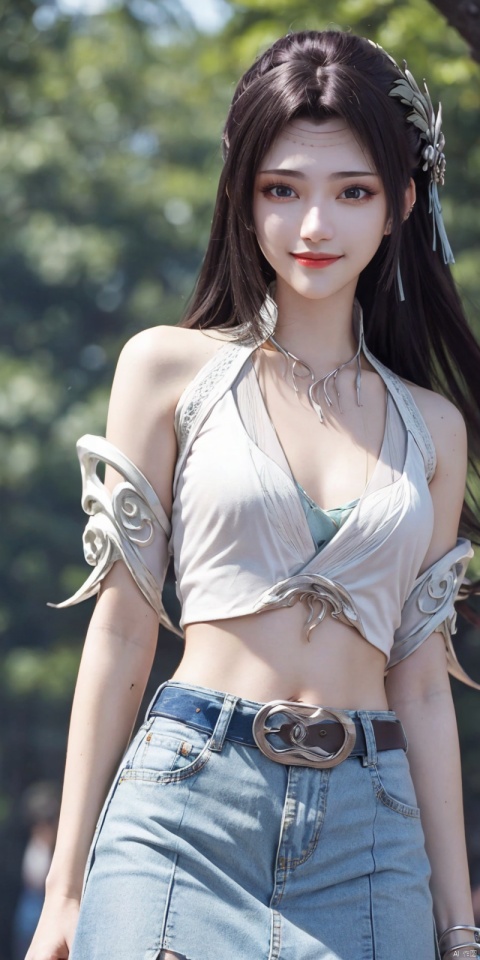  best quality, masterpiece, cowboy_shot,(Good structure), DSLR Quality,Depth of field,kind smile,looking_at_viewer,Dynamic pose,
 1girl, 3d, bare_shoulders, belt, blurry, blurry_background, blurry_foreground, branch, , , , collarbone, cosplay_photo, denim, denim_skirt, depth_of_field, , lips, long_hair, looking_at_viewer, midriff, miniskirt, motion_blur, navel, outdoors, photo_\(medium\), realistic, skirt, solo, standing, tree, , , , , yunyun,wings