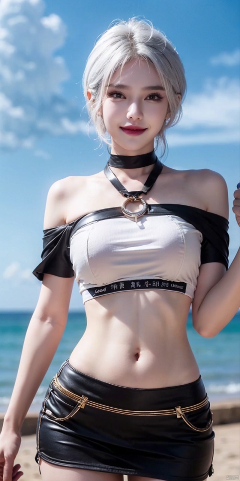 best quality, masterpiece, realistic,cowboy_shot,(Good structure), DSLR Quality,Depth of field,kind smile,looking_at_viewer,Dynamic pose, 
,Short skirt,Blue sky, white clouds, ocean, nai3, 1girl, solo, crop top, , choker, navel, shirt, midriff, crop top overhang, looking at viewer, white shirt, jewelry, breasts, bare shoulders, off-shoulder shirt, off shoulder, black choker, thighs, stomach, long hair, bracelet, short sleeves, ribbon, hand up, collarbone, hair ribbon, medium breasts, , bra strap, , hair ornament, thigh gap, necklace, expressionless, , ,kind smile, , , , ,jiuhuangnv,white_hair,short_hair
