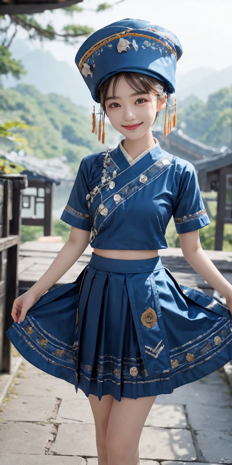  (Good structure), DSLR Quality,Depth of field ,looking_at_viewer,Dynamic pose, , kind smile,1girl ,
ngzu, 1girl, skirt hold, solo, hat, smile, looking at viewer, outdoors, traditional clothes, standing, lianmo