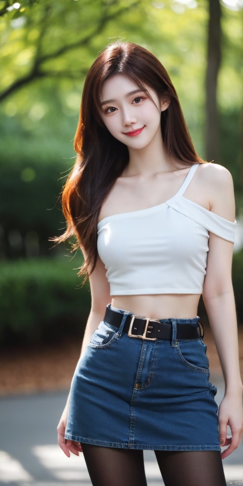 best quality, masterpiece, realistic,cowboy_shot,(Good structure), DSLR Quality,Depth of field,kind smile,looking_at_viewer,Dynamic pose, 
 1girl, 3d, bare_shoulders, belt, blurry, blurry_background, blurry_foreground, branch, , , , collarbone, *******_photo, denim, denim_skirt, depth_of_field, , lips, long_hair, looking_at_viewer, midriff, miniskirt, motion_blur, navel, outdoors, photo_\(medium\), realistic, skirt, solo, standing, tree, , , , blackpantyhose, , , , , , , ,  , zhennite