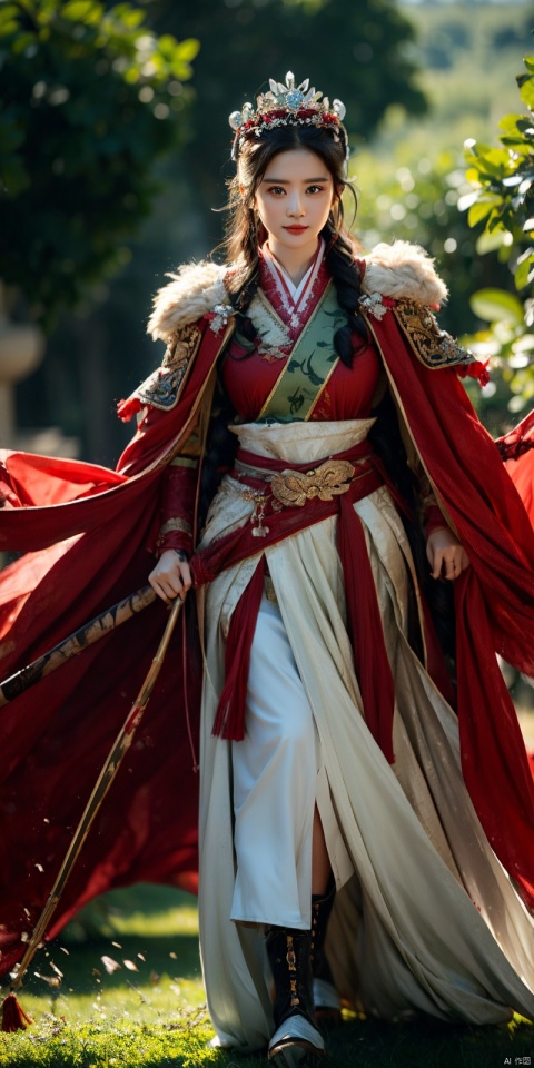 (Good structure), DSLR Quality,Depth of field,kind smile,looking_at_viewer,Dynamic pose, 1girl,Wearing a jade crown, shining silver armor, and wearing a lion headband. Treading towards the sky with cow tendon boots; Wearing a crimson cloak on her shoulders, carrying a three foot green blade on her waist, and carrying an iron tire bow on her back, coupled with her tall figure and resolute expression,Facing the camera, liuyifei, ((poakl))