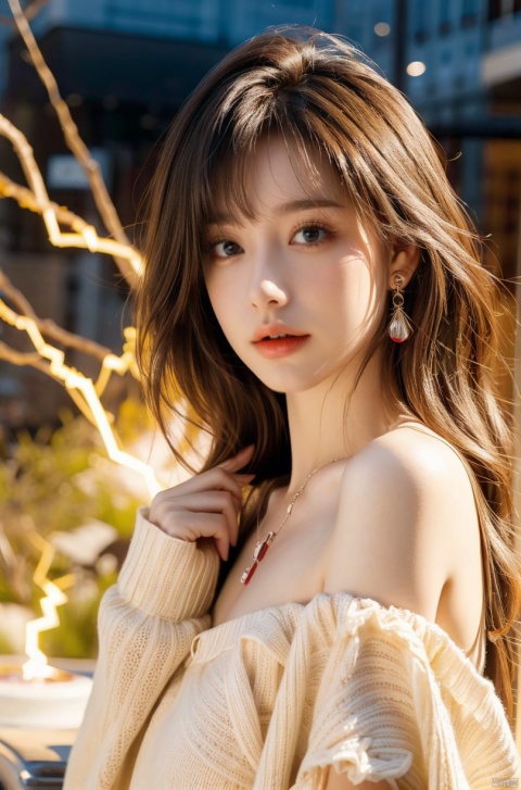  DSLR, (Good structure), HDR, UHD, 8K, 1girl,Bangs, off shoulder, colorful_hair, ((colorful hair)), , chest, necklace, earrings, floating hair, jewelry, sleeveless, very long hair,Looking at the observer, parted lips, pierced,energy,electricity,magic,sssr,blonde hair, Detail, eluosi