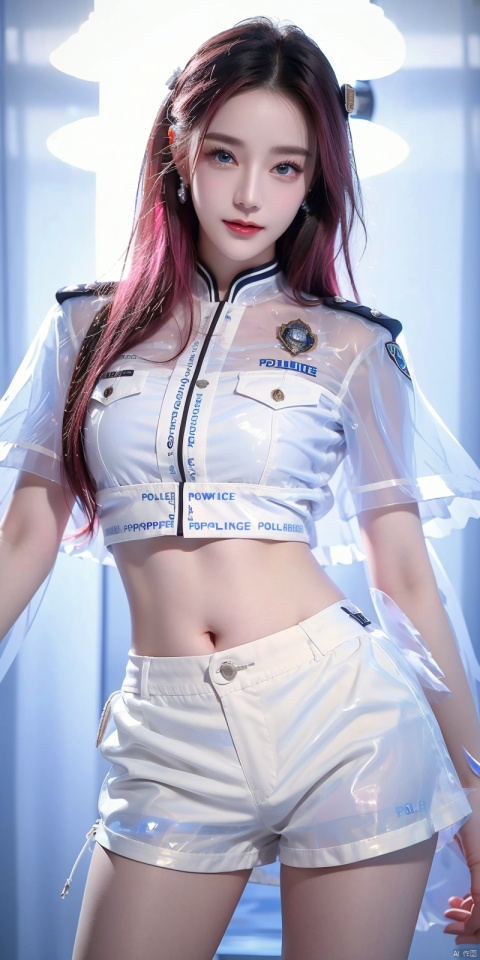  DSLR, (Good structure), ,High quality, masterpiece, 1Girl, Earstuds, blue eyes,Earstuds, blue eyes, black hair, (translucent white police uniform: 1.5), navel exposed, (translucent shorts: 1.3), thigh exposed, (supermodel pose),smile,(solo),（Different postures）,Pink hair,(Perfect hand lines),, 1 girl, ,, dililengba, 1girl
