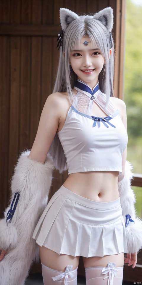 best quality, masterpiece, realistic,cowboy_shot,(Good structure), DSLR Quality,Depth of field,kind smile,looking_at_viewer,Dynamic pose, 
1girl, solo, breasts, looking at viewer, blush,   skirt,  shirt, thighhighs, navel, holding, animal ears, bare shoulders, underwear, standing, panties, tail, , white shirt, thighs,, pleated skirt, , sleeveless, midriff, black thighhighs, indoors, miniskirt, stomach, white panties, grin, crop top, animal ear fluff, bare arms, fox ears, sleeveless shirt, fox tail, halo, pantyshot, white skirt, fox girl, brown thighhighs, cheerleader, pom pom \(cheerleading\), crop top overhang, holding pom poms,   , xiaoyixian,white_hair, blackpantyhose