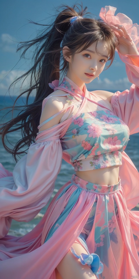  best quality, masterpiece, cowboy_shot,(Good structure), DSLR Quality,Depth of field,kind smile,looking_at_viewer,Dynamic pose, 
 Surrealism Dream Style,glowing neon color,RAW photo,at night,1girl,solo,sea,black hair,ponytail,looking at viewer,long hair,up,lips,sash,water splaashing,hair ornament,realistic,wide sleeves,hanfu,long dress,Semi transparent gauze skirt,surrealist,Best quality,masterpiece,ultra high res,Petal skirt,wind,flowers,bloom,Clouds,smoke,neon lights, 80sDBA style, 1 girl, , , wangyushan