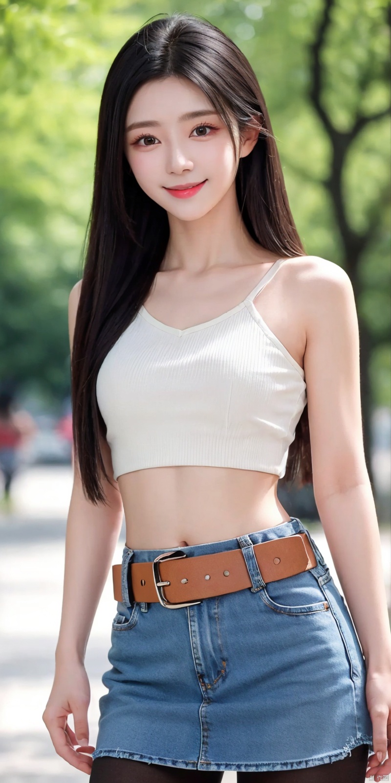  best quality, masterpiece, cowboy_shot,(Good structure), DSLR Quality,Depth of field,kind smile,looking_at_viewer,Dynamic pose,
 1girl, 3d, bare_shoulders, belt, blurry, blurry_background, blurry_foreground, branch, , , , collarbone, *******_photo, denim, denim_skirt, depth_of_field, , lips, long_hair, looking_at_viewer, midriff, miniskirt, motion_blur, navel, outdoors, photo_\(medium\), realistic, skirt, solo, standing, tree, , , , blackpantyhose, , , , , , , , , xuner