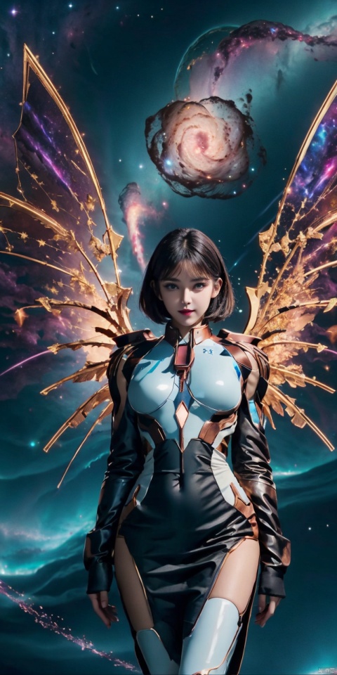 (Good structure), DSLR Quality,Depth of field,kind smile,looking_at_viewer,Dynamic pose, 1girl, wings, solo, nebula wings,   , , navel, dress, pink wings, looking at viewer, star \(sky\), , , bare shoulders, sky, starry sky, collarbone, realistic, nebula, ((poakl)), short_hair, jiqing