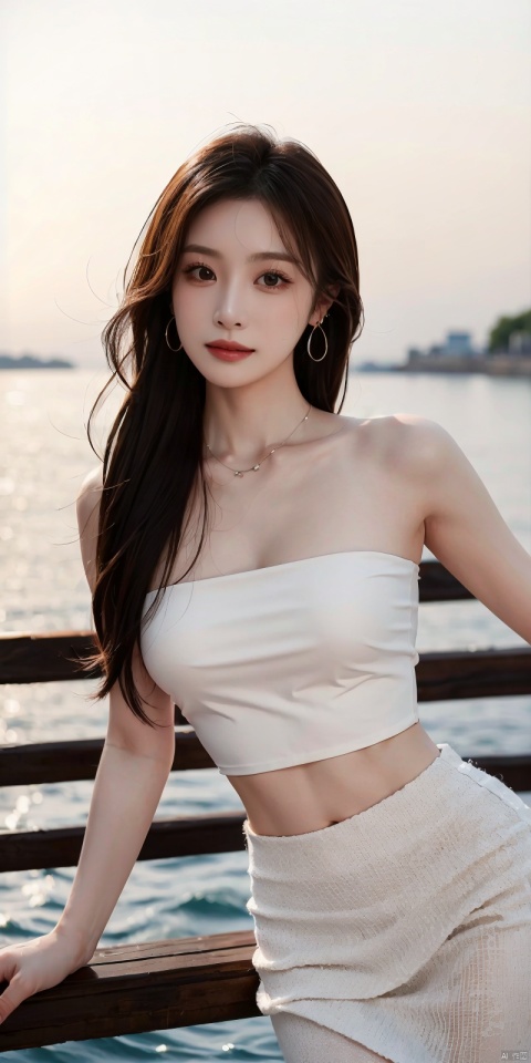 best quality, masterpiece, realistic,cowboy_shot,(Good structure), DSLR Quality,Depth of field,kind smile,looking_at_viewer,Dynamic pose, 
1girl, solo, long hair, , looking at viewer, skirt, hair ornament, bare shoulders, jewelry, , black hair, earrings, outdoors, midriff, water, necklace, lips, crop top, grey eyes, leaning forward, ocean, white skirt, strapless vest, sunset, sun, , , longni