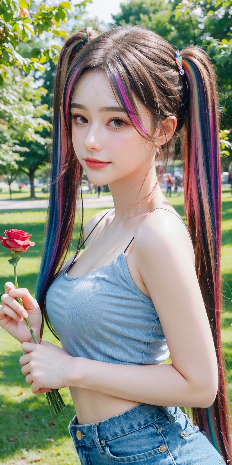  cowboy shot,(Good structure), DSLR Quality,Depth of field,kind smile,looking_at_viewer,Dynamic pose,、Butterfly Fairy、Metamorphosis、Bouquet of blue roses（The gesture of presenting a bouquet、Holding a bouquet of flowers in your hands）、Morning park、、、 (8K, Photorealistic, Raw photo, Best Quality: 1.4), Beautiful face, (Realistic face), Beautiful detailed eyes, (Realistic skin), Attractive, Intricate details,Golden ratio, 1 girl,Naughty smile, (rainbow hair:1.4),((Long twintails,Ribbon 1.4)),,(Blue Butterfly Hair Ornament 1.3),
,Dynamic Pose,Dynamic Angle,Intricate details, Hyper realistic、Face enhancement、、Autumn Park、the morning sun、、rainbows, , ((poakl)), tasha,Short top, sleeveless, short skirt
