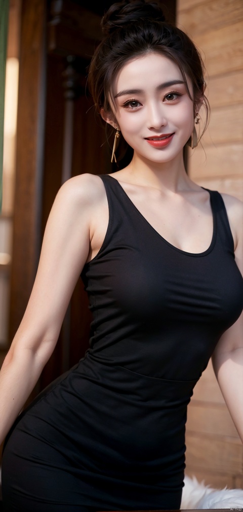  best quality, masterpiece,cowboy shot,(Good structure), DSLR Quality,Depth of field,kind smile,looking_at_viewer,Dynamic pose,,
zhangmin, 1girl, solo, black hair, jewelry, earrings, breasts, dress, black dress, medium breasts, realistic, blurry, sleeveless,  